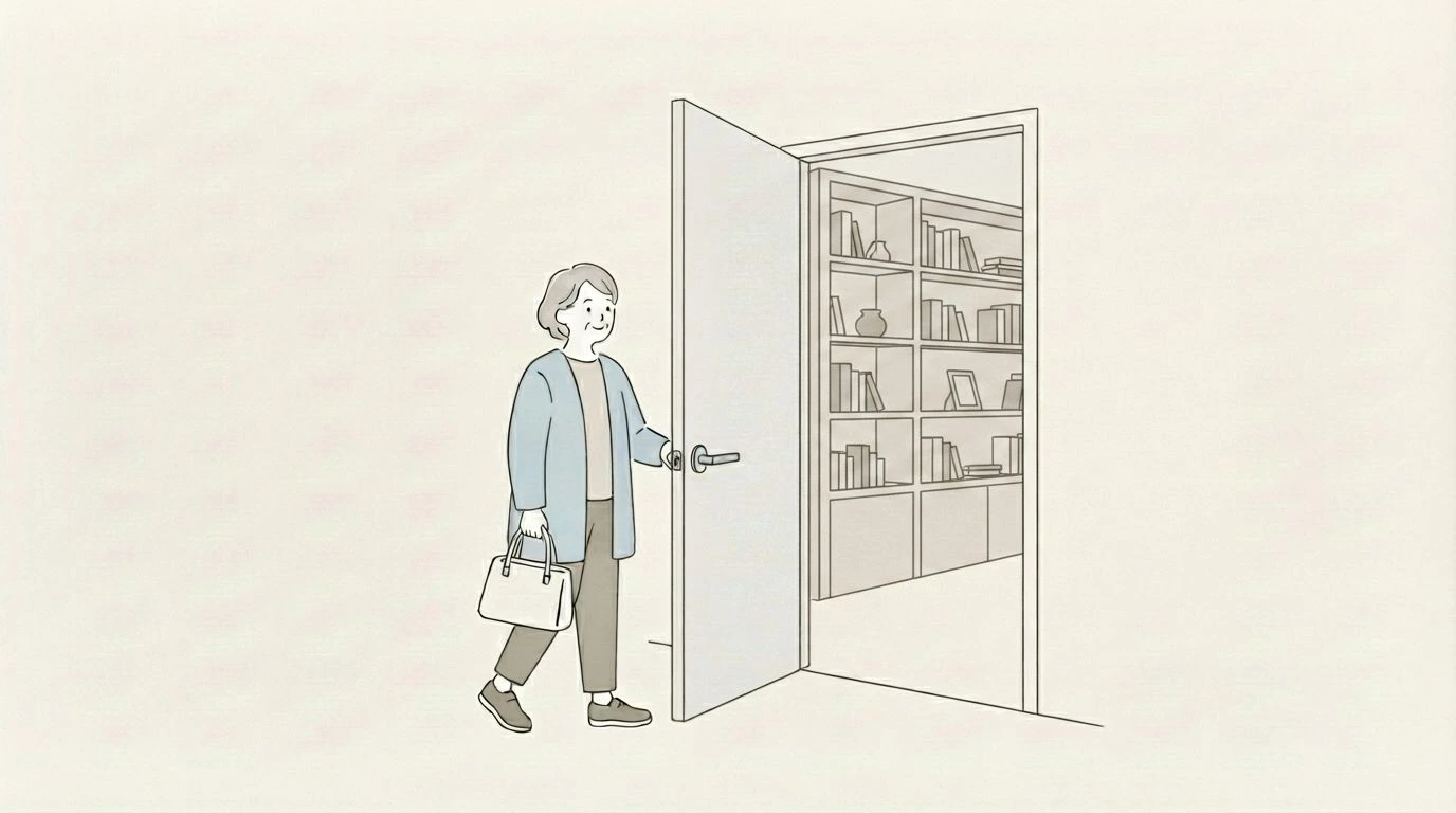 有馬地域交流センターの文庫室の扉を開けて入室する様子のイラスト